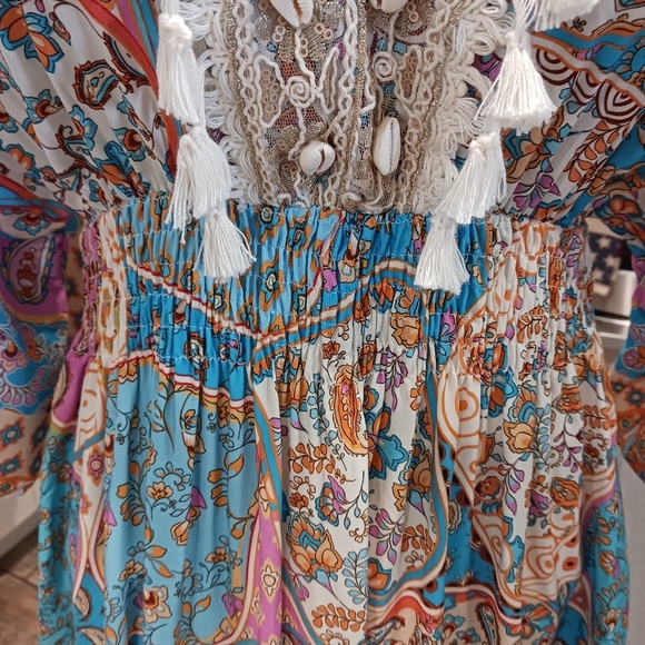 Small/ Medium Maxi Womens Dress Shell Boho Fringed Orange Pink Vacation SUMMER - Picture 7 of 8